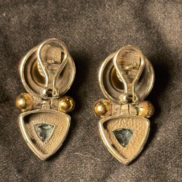 David Yurman Dangle Triangle Earrings Blue Topaz Sterling Silver & 14k Gold - Picture 5 of 9